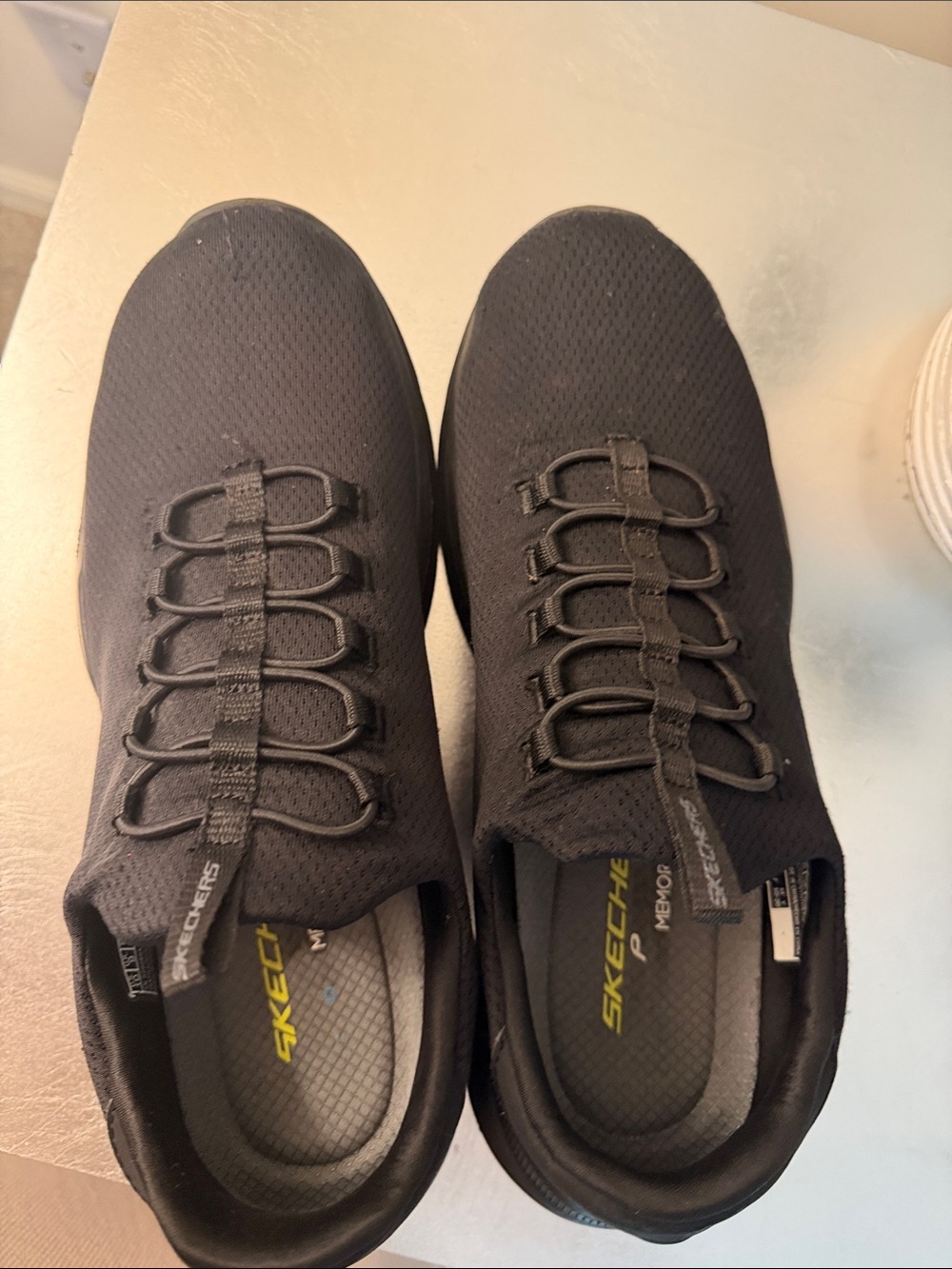 Skechers Men’s Black Slip-On Athletic Sneakers with Elastic Lace Detail